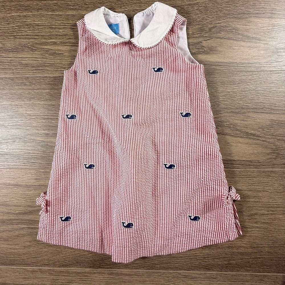Anavini Girls Red Seersucker Shift Dress Embroidered Whale Preppy Size 2T